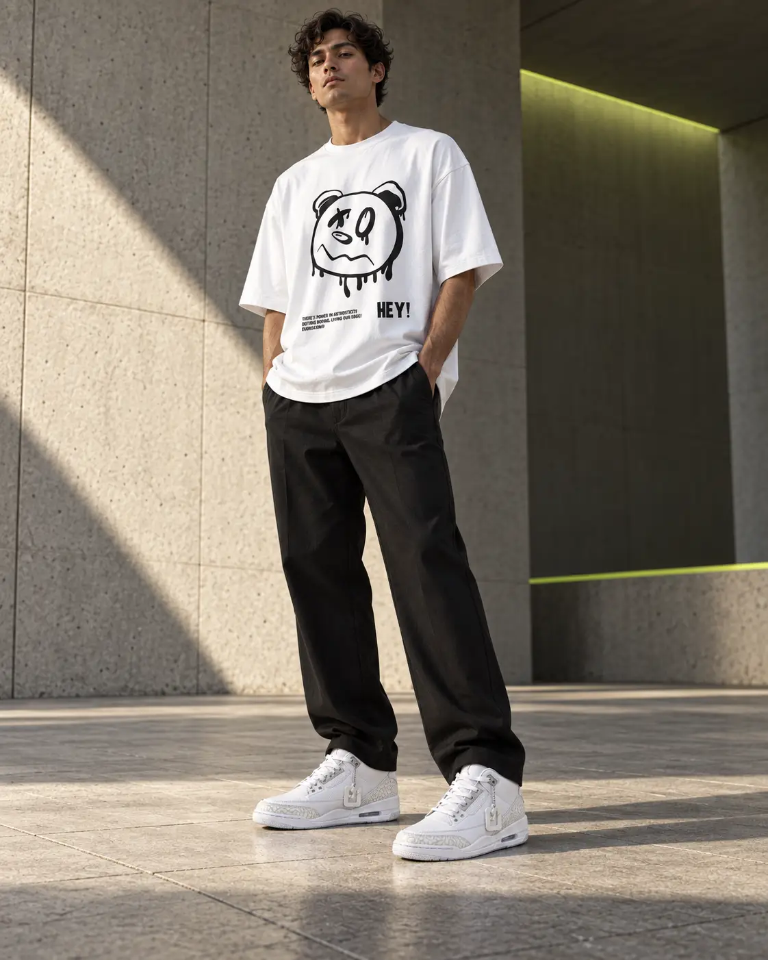 Esencial gráfico: Oversize Rostro de Oso - Blanco y Nike Jordan Retro 3 - Blanco